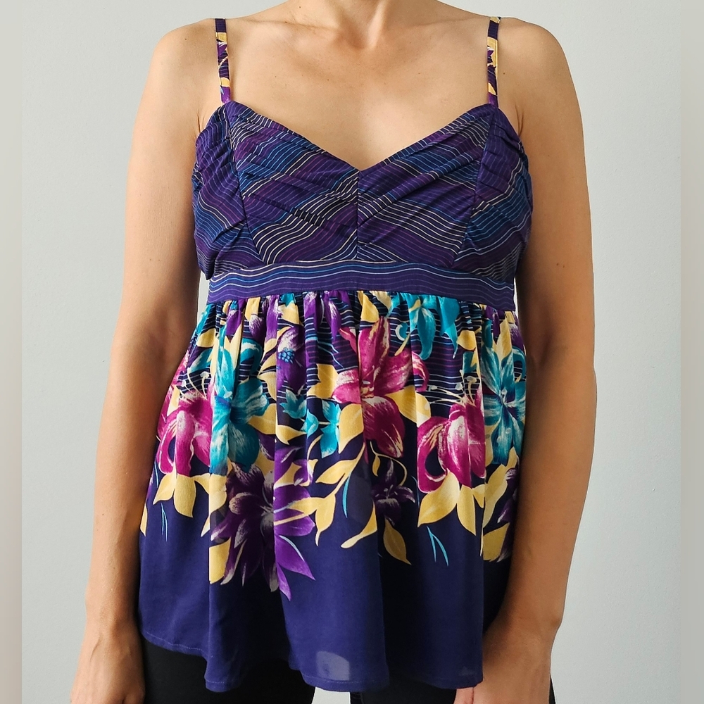 Yumi Kim Womens Spaghetti Strap  100% Silk Floral Lilies Tank Top Blue Multi M
